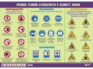 Таблица демонстрационная "Правила техники безопасности в кабинете химии" (винил 70х100) - fgospostavki.ru - Радужный